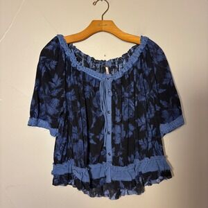 Free People Perfect Day Tie Front Black Blue Off Shoulder Smocked‎ Ruffle Top L